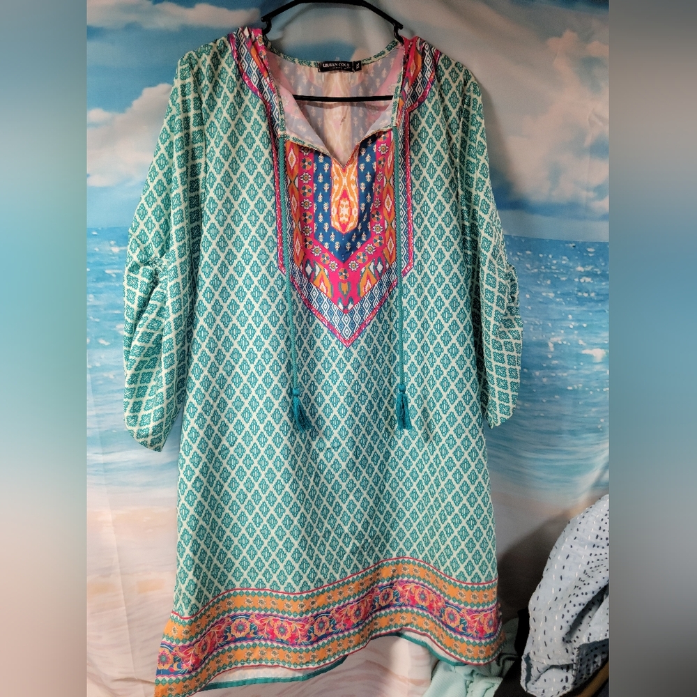 Boho Turquoise Mini Dress with Pink Accent